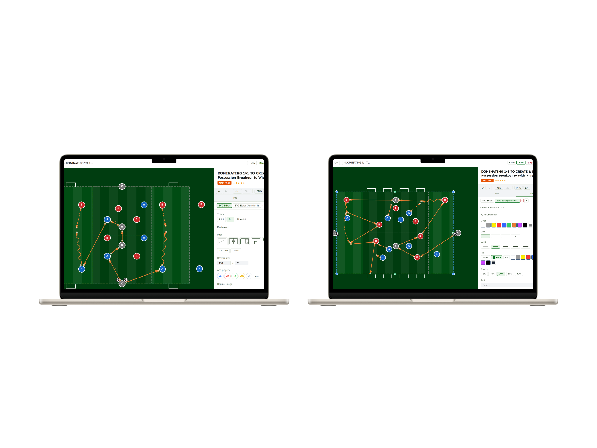 CoachingBase SVG-Editor auf zwei Laptops — Original-Übung und angepasste Variante