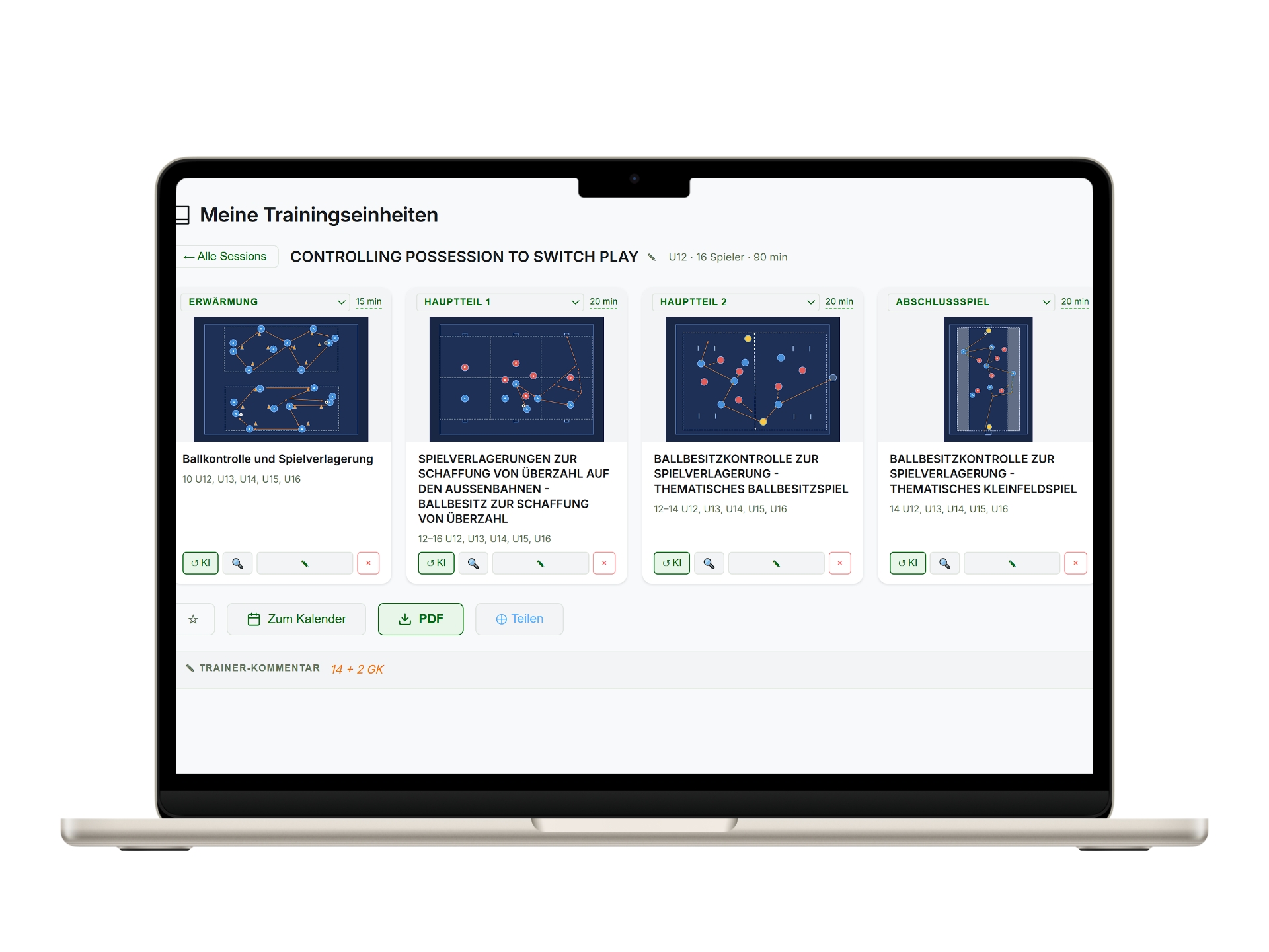 CoachingBase 4-Block-Trainingsplan in der Sessions-Ansicht