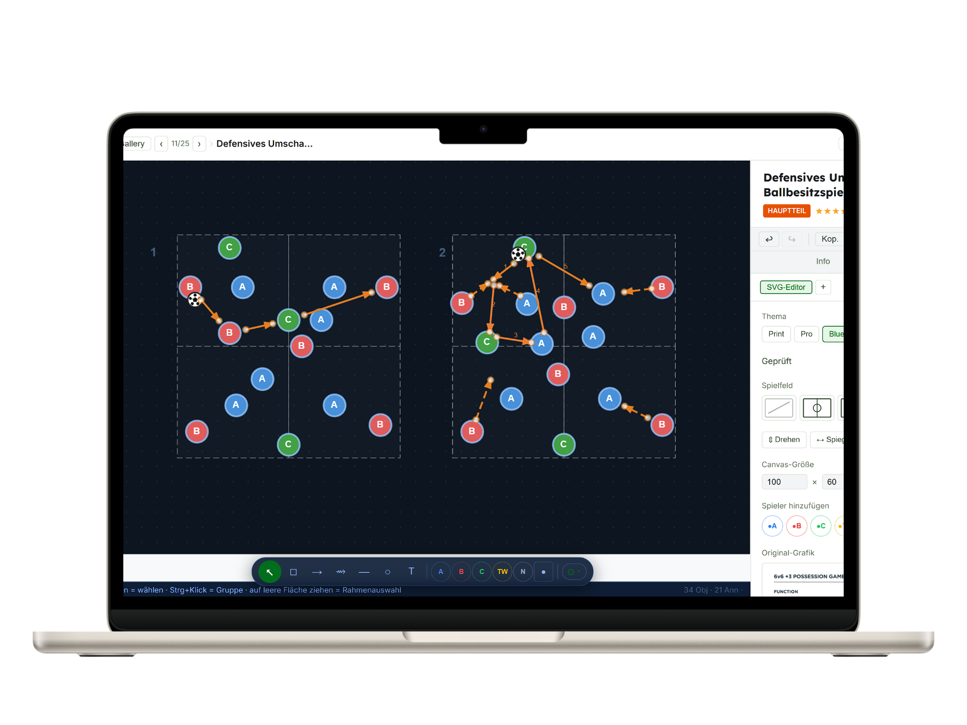 CoachingBase SVG-Editor mit zwei taktischen Diagrammen
